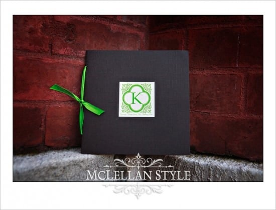 Green and brown handmade wedding program with monogram.