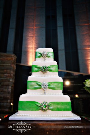 Green and white wedding cake with rhinestones