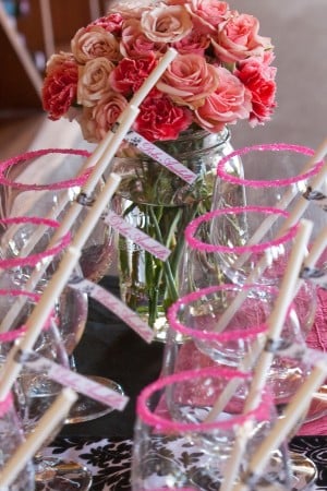 Pink Sugar Rimmed Glasses with Drink Straws