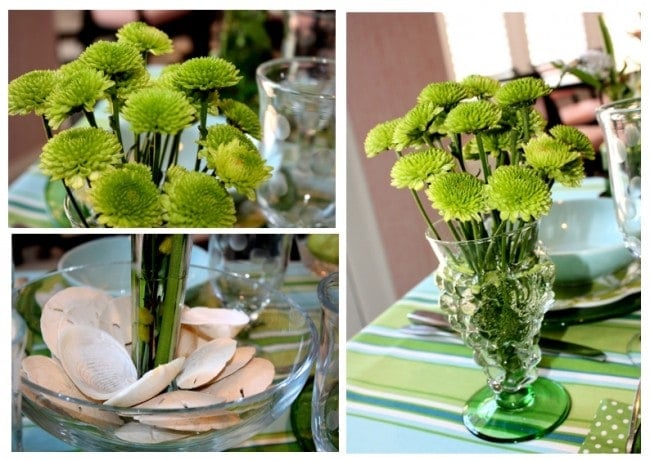 green blue flowers seashells table setting