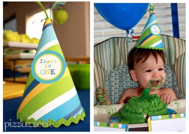 blue, green, and yellow birthday hat party picture