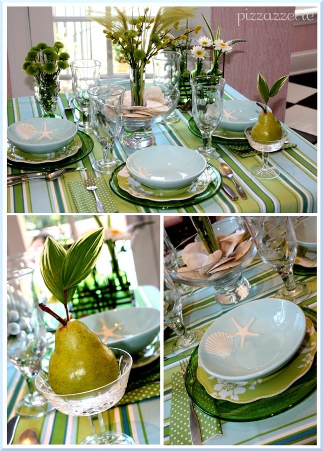 blue and green pear table setting seaside