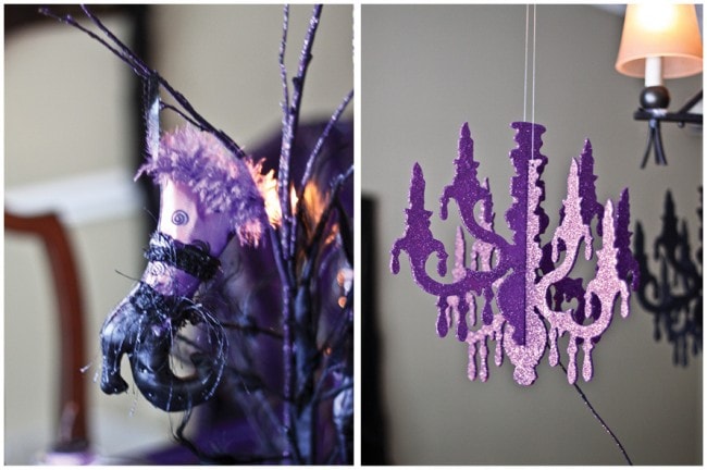 glittered purple hanging chandelier for halloween witches shoe