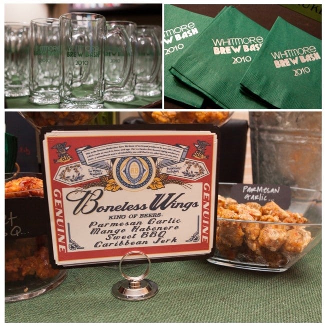 beer tasting party with boneless chicken wings and monogrammed mugs