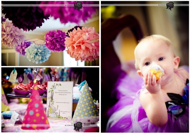 fairy tale party banner, hat, baby with cake