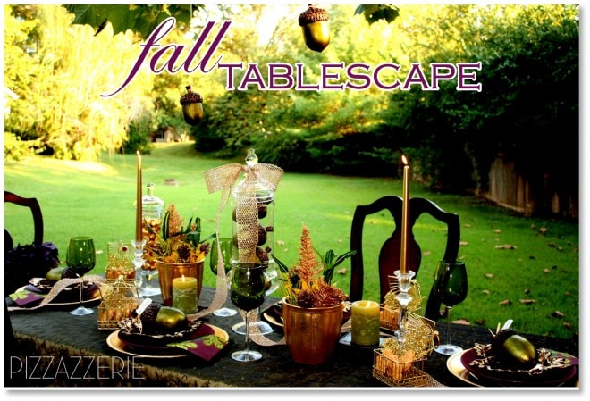 green, golds, and purple fall tablescape designed by courtney dial of pizzazzerie.com