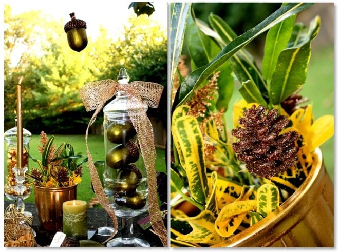 decorative acorns and gold pinecones for fall tablescape by pizzazzerie