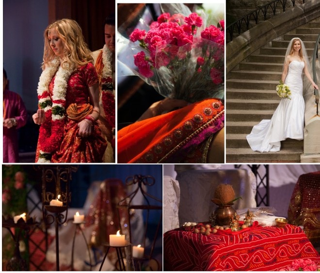 a multicultural hindu and christian weddings in pink, red, orange, green
