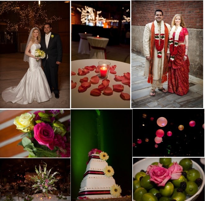 a multicultural hindu and christian weddings in pink, red, orange, green