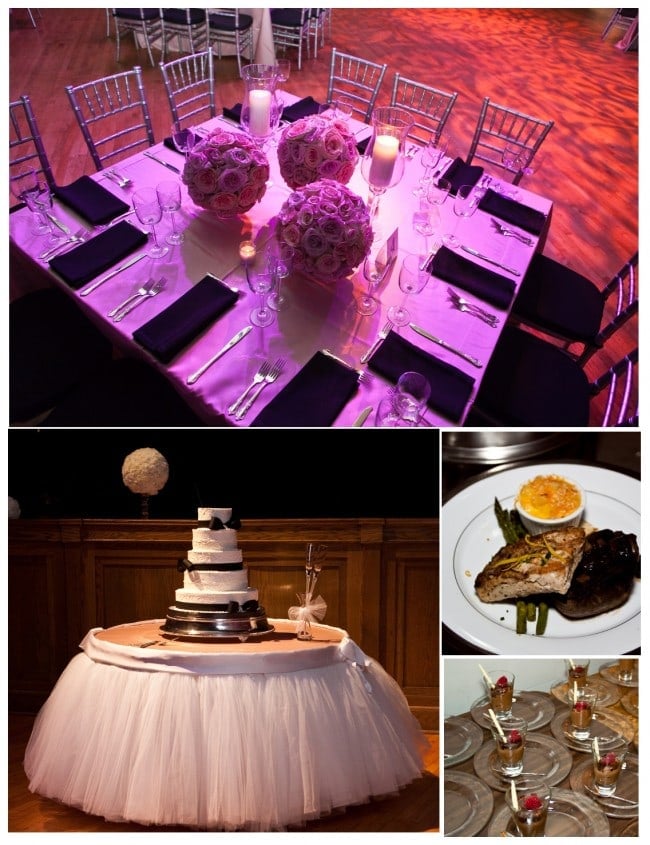 pink floral balls and white black cake