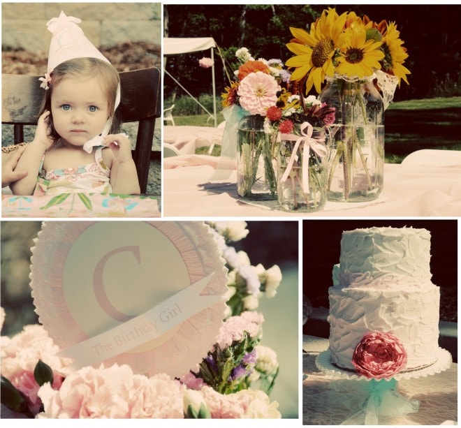vintage shabby chic birthday cake, wildflowers, and paper banner and paper party hat