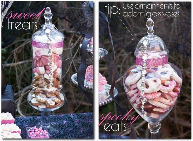 PinkOWeen4 dessert table apothecary jars with pink glam for halloween party