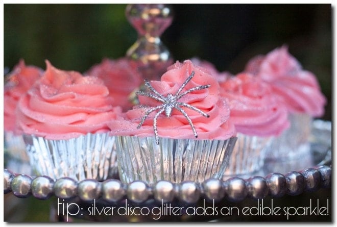 PinkOWeen5 pink glitter silver halloween cupcakes with silver spiders