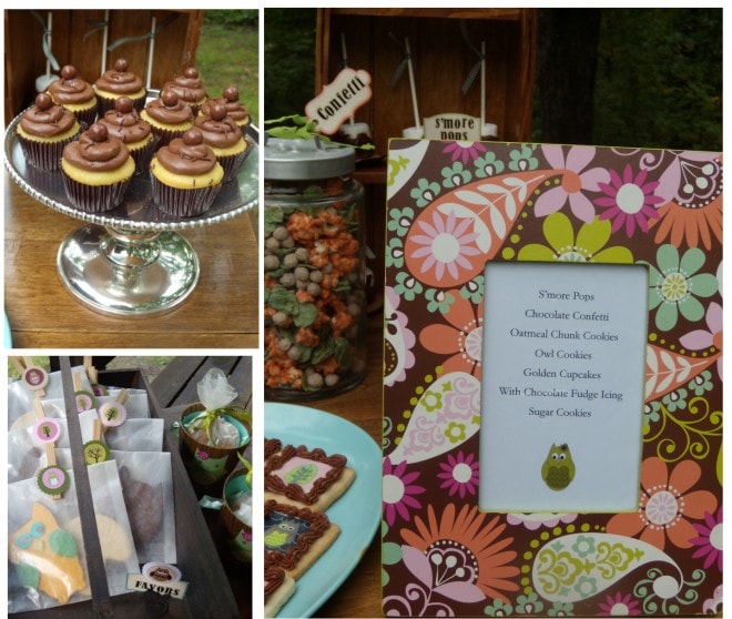 campout theme dessert table with menu and favors