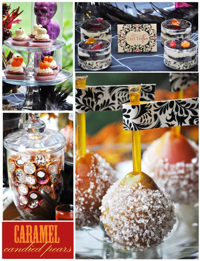 candied pears and halloween desserts for dessert table