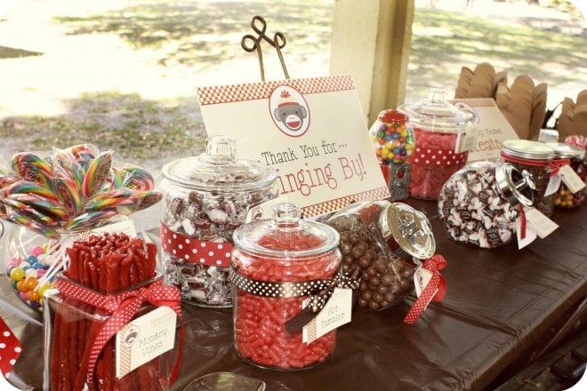 candy bar for boy's first birthday - sock monkey theme
