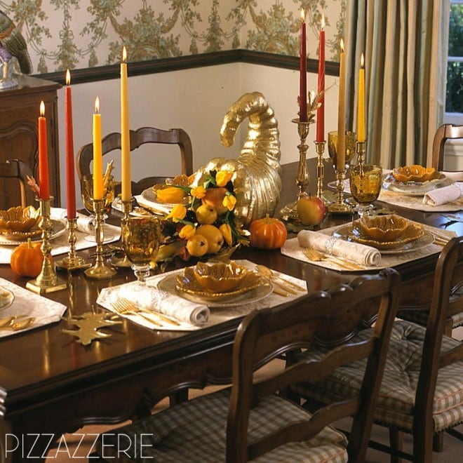 thanksgiving tablescape traditional with gold cornucopia