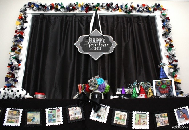 new years comics sign over tablescape