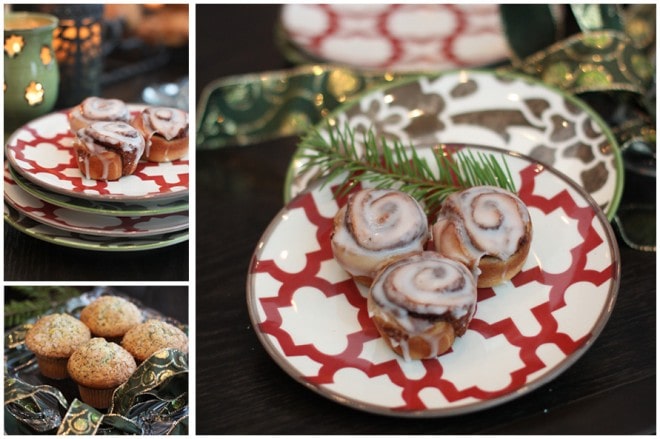 christmas willow house plates with cinnamon buns
