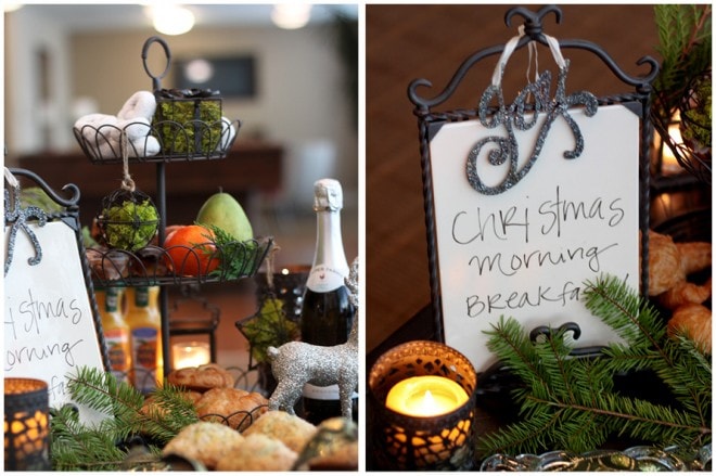christmas breakfast table with kitchen whiteboard