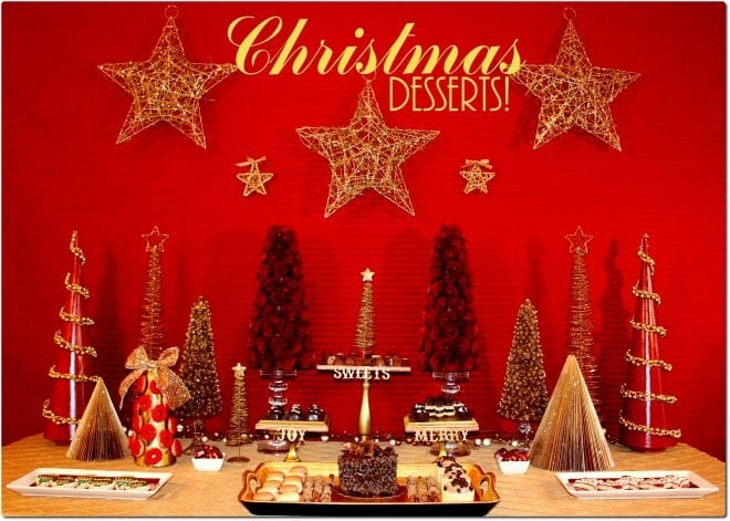 gold red christmas dessert table by pizzazzerie